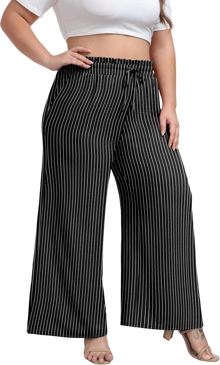 OLRIK Women's Plus Size Pants Self-Tie Belted High Waisted Wide Leg Pants Long Straight Palazzo Trousers with Pockets