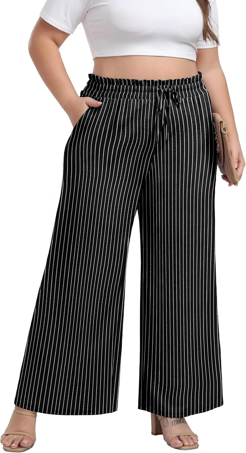 OLRIK Women's Plus Size Pants Self-Tie Belted High Waisted Wide Leg Pants Long Straight Palazzo Trousers with Pockets
