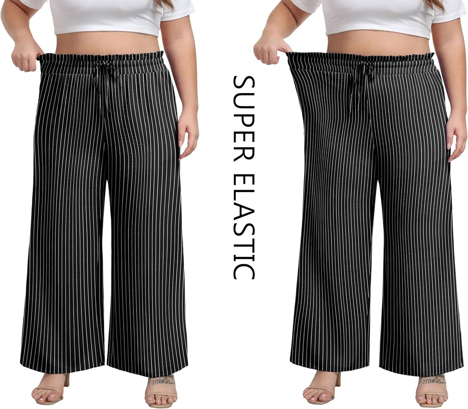 OLRIK Women's Plus Size Pants Self-Tie Belted High Waisted Wide Leg Pants Long Straight Palazzo Trousers with Pockets