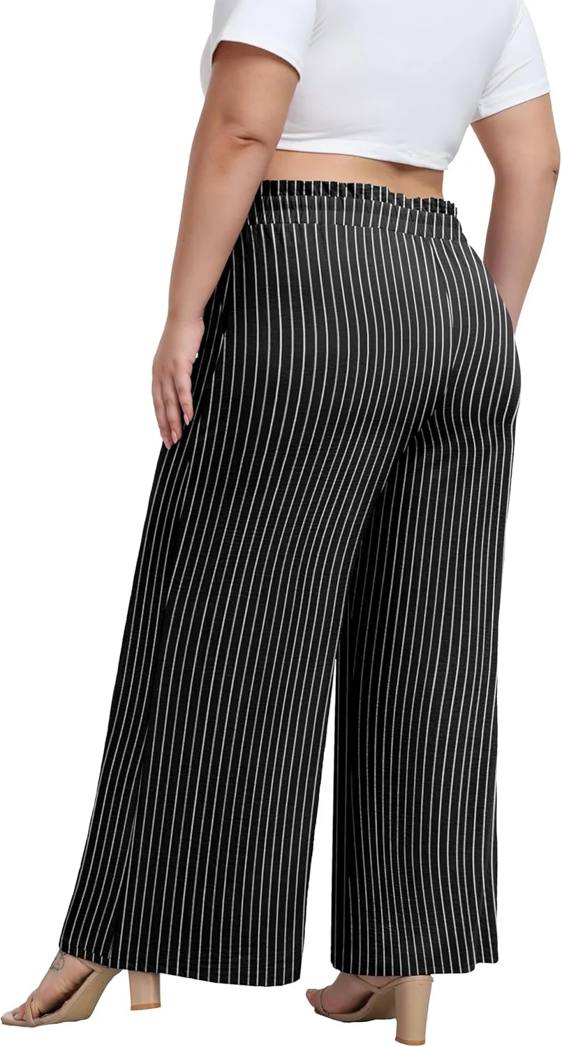 OLRIK Women's Plus Size Pants Self-Tie Belted High Waisted Wide Leg Pants Long Straight Palazzo Trousers with Pockets