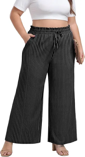 OLRIK Women's Plus Size Pants Self-Tie Belted High Waisted Wide Leg Pants Long Straight Palazzo Trousers with Pockets