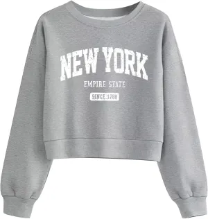 ORANDESIGNE Womens Cropped Letter Printed Sweatshirts Graphic Crewneck Long Sleeve Pullover Casual Loose Fit Tops