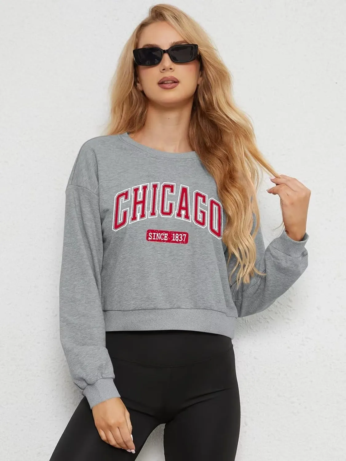ORANDESIGNE Womens Cropped Letter Printed Sweatshirts Graphic Crewneck Long Sleeve Pullover Casual Loose Fit Tops