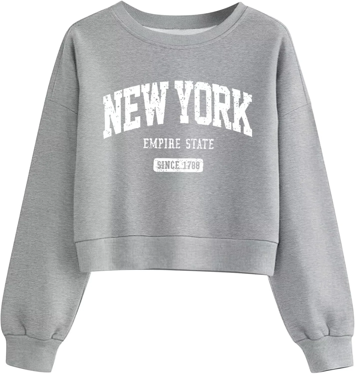 ORANDESIGNE Womens Cropped Letter Printed Sweatshirts Graphic Crewneck Long Sleeve Pullover Casual Loose Fit Tops