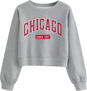 ORANDESIGNE Womens Cropped Letter Printed Sweatshirts Graphic Crewneck Long Sleeve Pullover Casual Loose Fit Tops