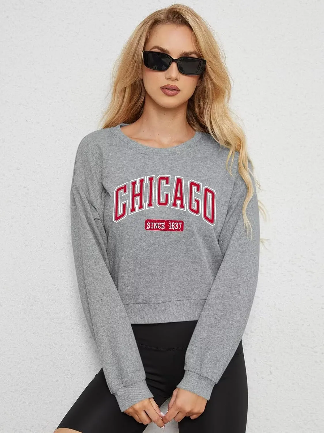 ORANDESIGNE Womens Cropped Letter Printed Sweatshirts Graphic Crewneck Long Sleeve Pullover Casual Loose Fit Tops