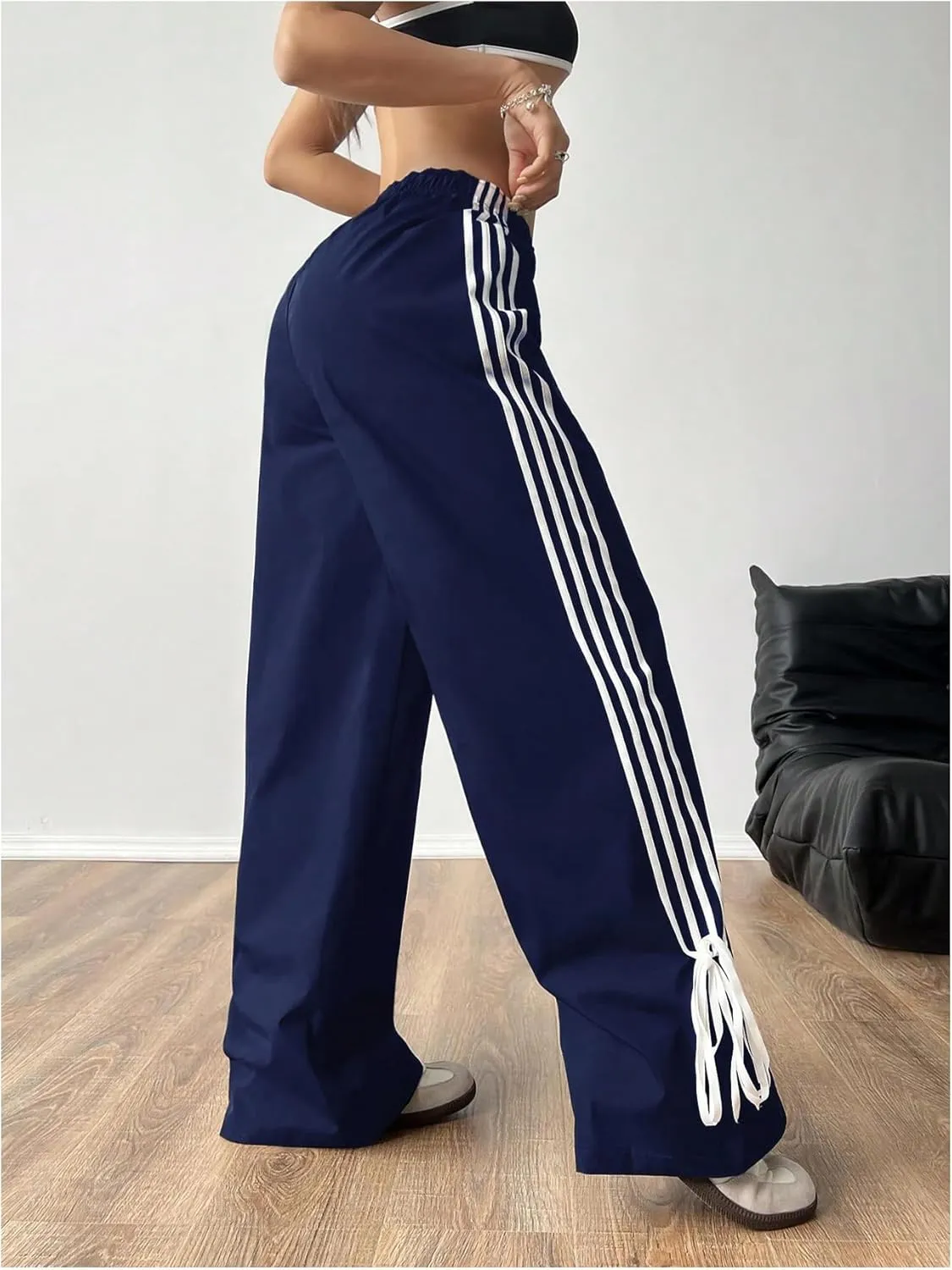 OYOANGLE Women's Striped Knot Side Baggy Pants Elastic High Waist Straight Leg Casual Trousers