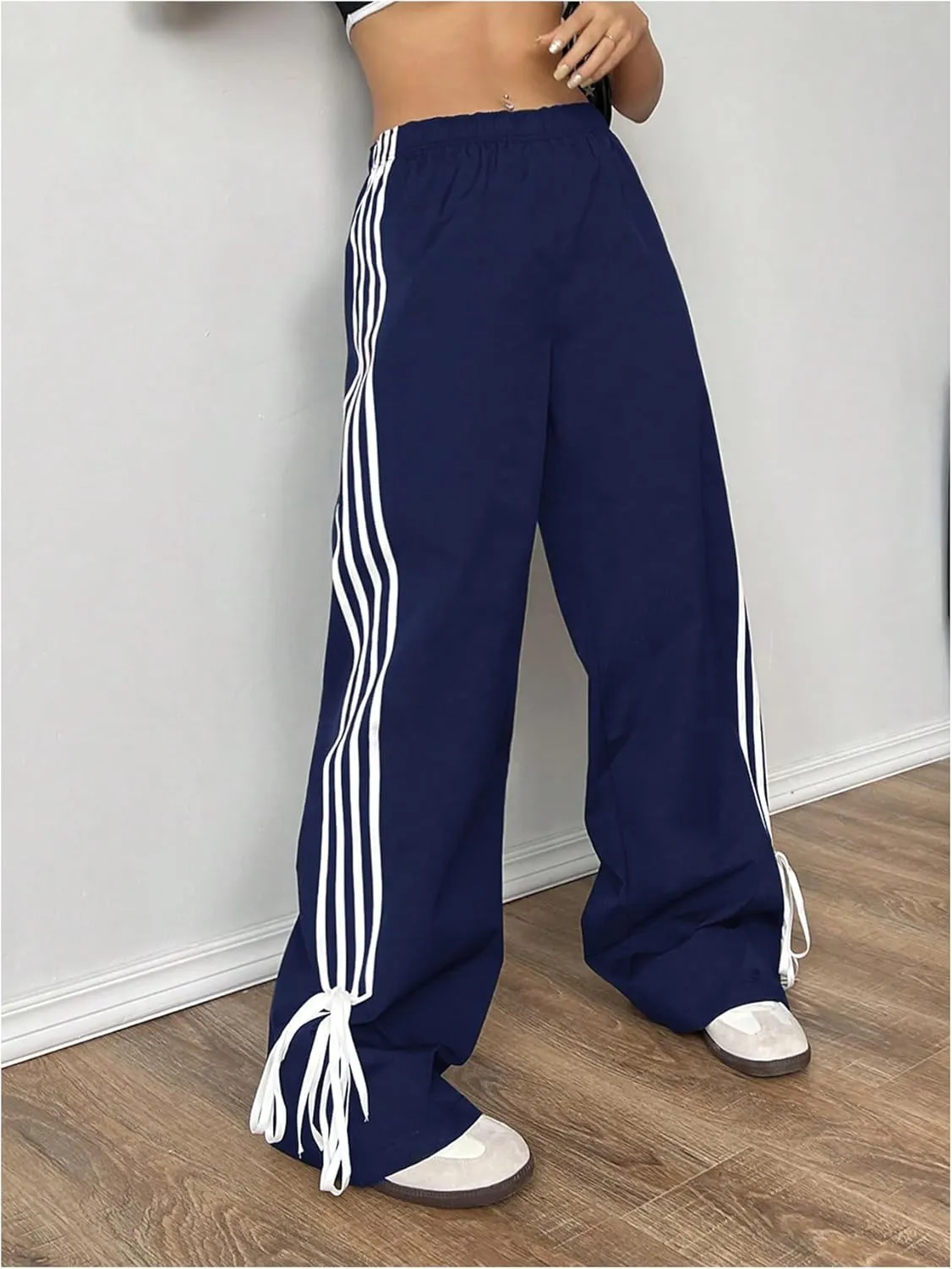 OYOANGLE Women's Striped Knot Side Baggy Pants Elastic High Waist Straight Leg Casual Trousers