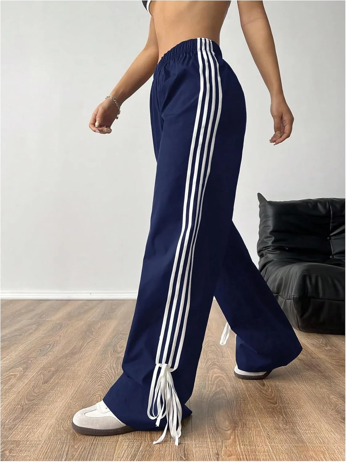 OYOANGLE Women's Striped Knot Side Baggy Pants Elastic High Waist Straight Leg Casual Trousers