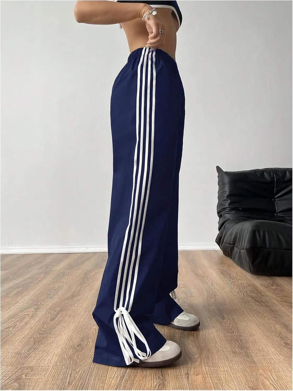 OYOANGLE Women's Striped Knot Side Baggy Pants Elastic High Waist Straight Leg Casual Trousers
