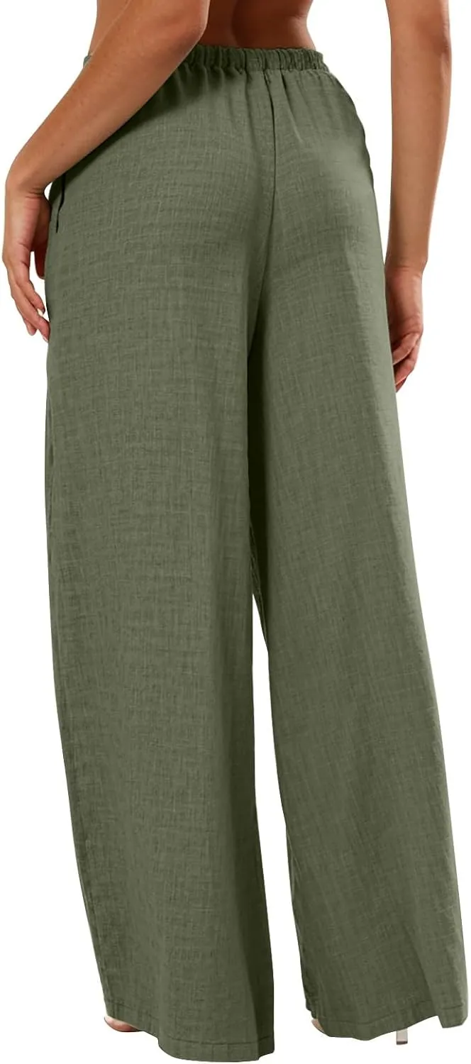 Palazzo Linen Pants for Women Elastic High Waisted Wide Leg Beach Pants Casual Summer Loose Flowy Trousers with Pocket