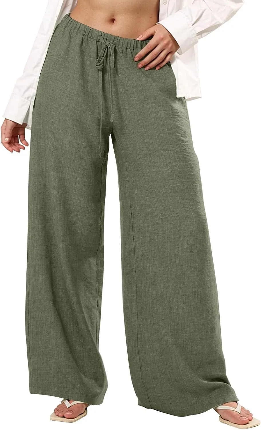 Palazzo Linen Pants for Women Elastic High Waisted Wide Leg Beach Pants Casual Summer Loose Flowy Trousers with Pocket