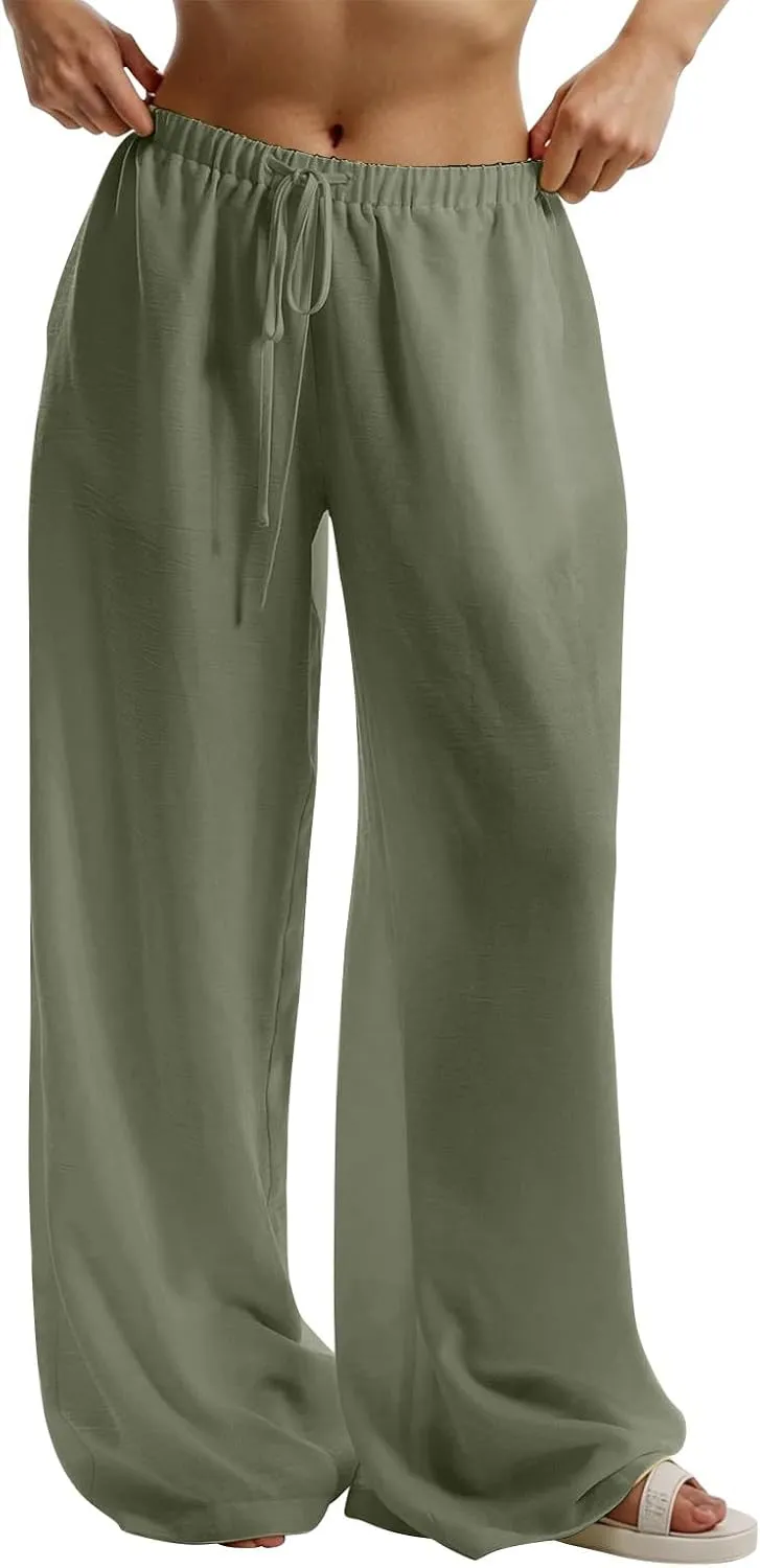 Palazzo Linen Pants for Women Elastic High Waisted Wide Leg Beach Pants Casual Summer Loose Flowy Trousers with Pocket