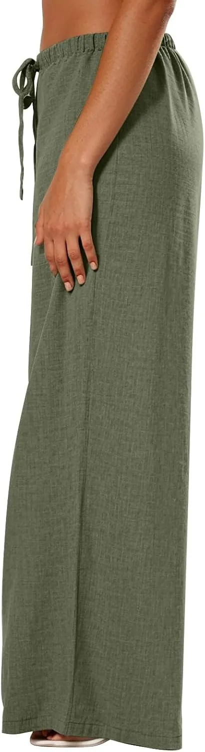 Palazzo Linen Pants for Women Elastic High Waisted Wide Leg Beach Pants Casual Summer Loose Flowy Trousers with Pocket