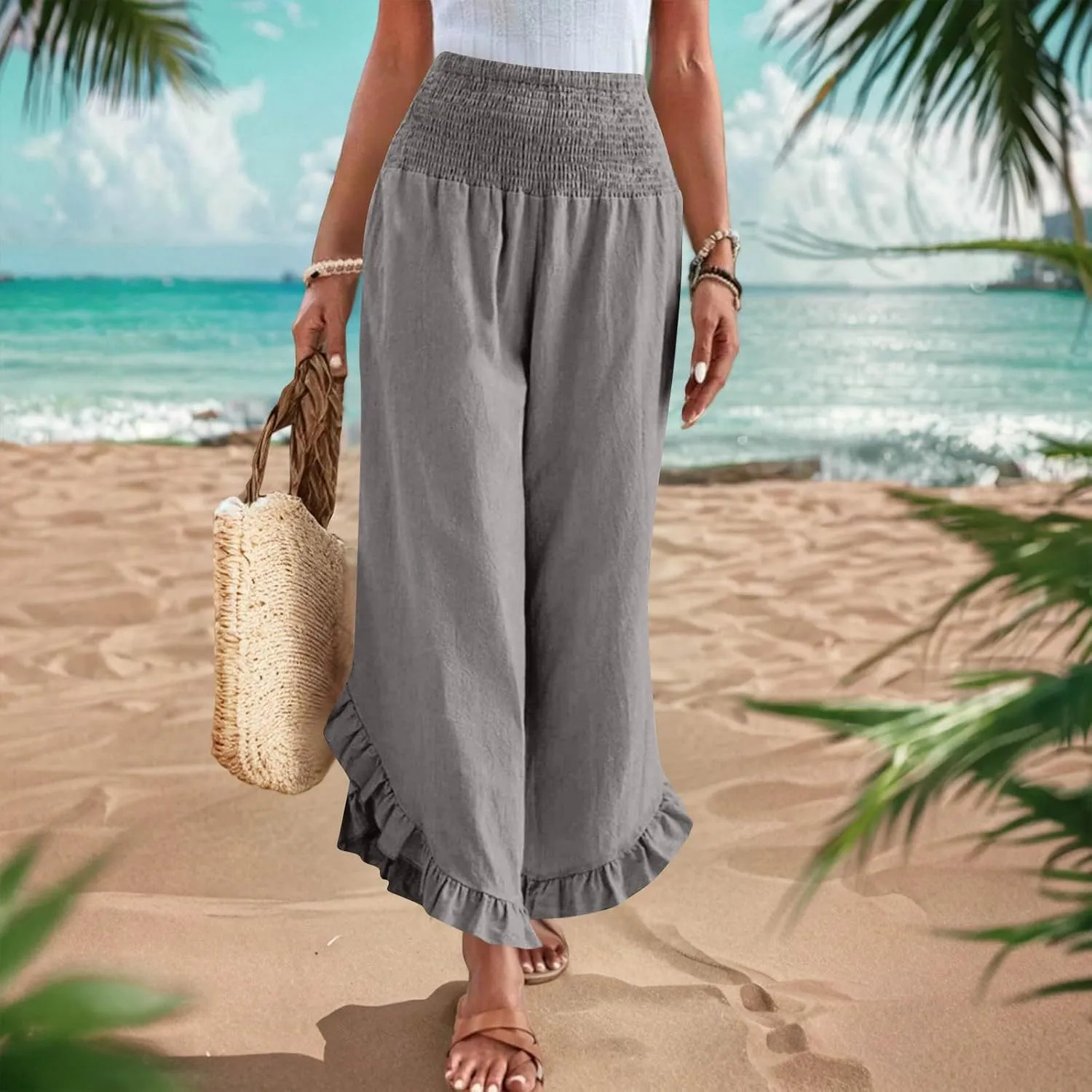 Palazzo Pants for Women Stretch Smocked High Waisted Ruffle Hem Loose Fit Pant Summer Casual Linen Wide Leg Trousers