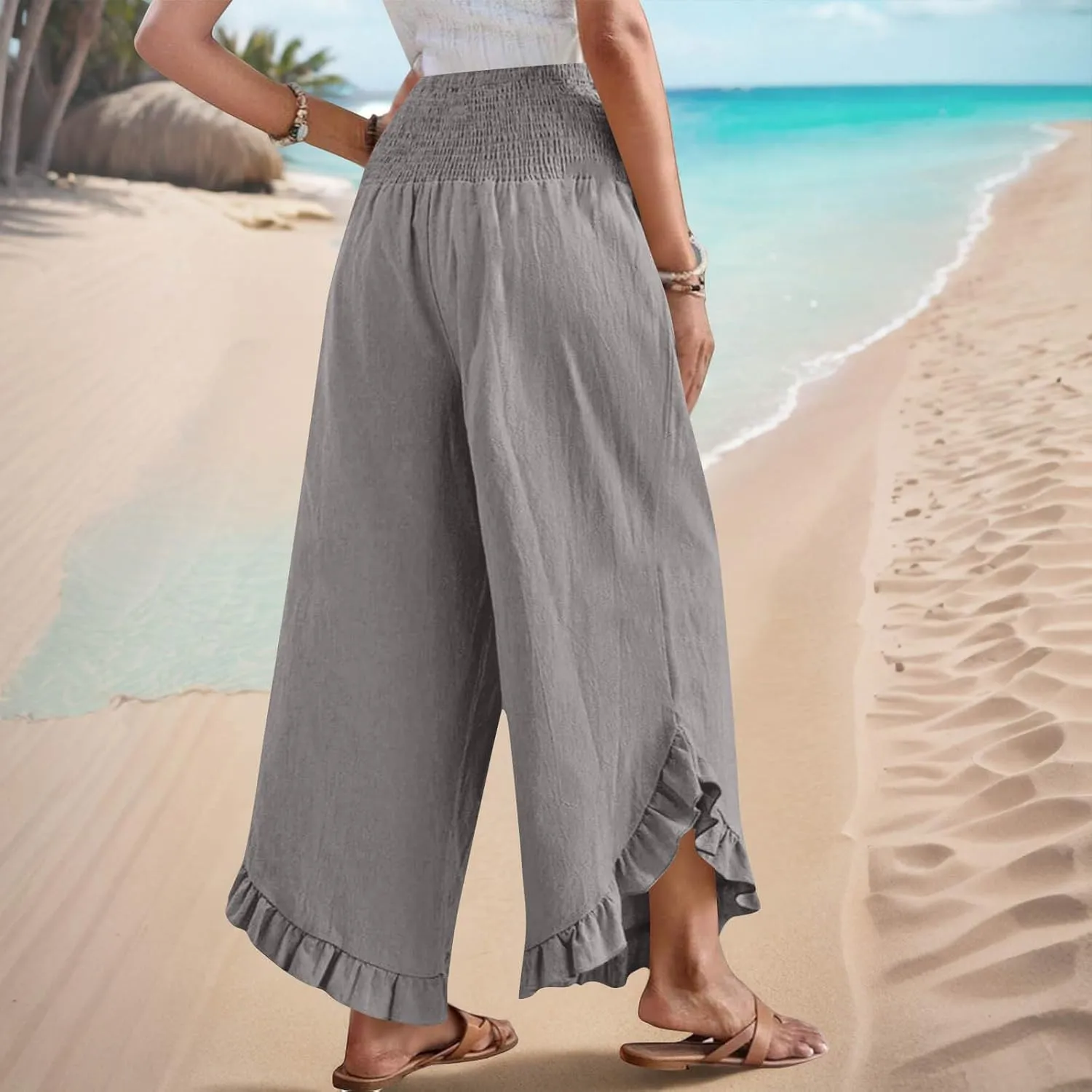 Palazzo Pants for Women Stretch Smocked High Waisted Ruffle Hem Loose Fit Pant Summer Casual Linen Wide Leg Trousers