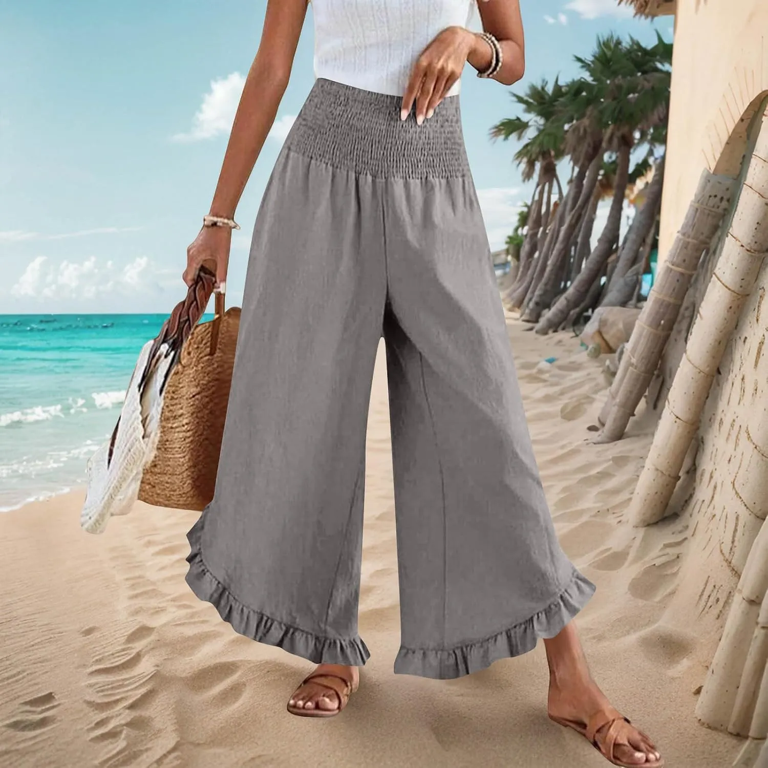 Palazzo Pants for Women Stretch Smocked High Waisted Ruffle Hem Loose Fit Pant Summer Casual Linen Wide Leg Trousers
