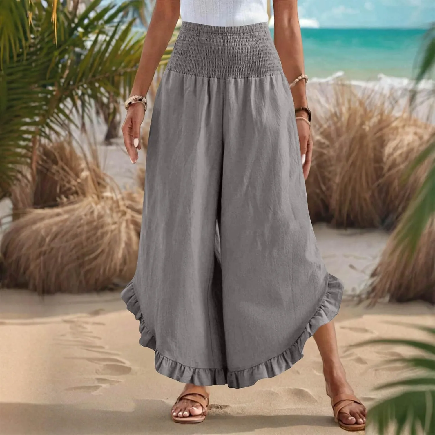 Palazzo Pants for Women Stretch Smocked High Waisted Ruffle Hem Loose Fit Pant Summer Casual Linen Wide Leg Trousers
