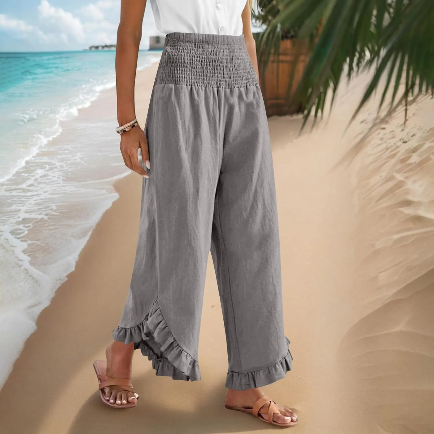Palazzo Pants for Women Stretch Smocked High Waisted Ruffle Hem Loose Fit Pant Summer Casual Linen Wide Leg Trousers