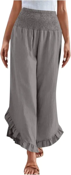 Palazzo Pants for Women Stretch Smocked High Waisted Ruffle Hem Loose Fit Pant Summer Casual Linen Wide Leg Trousers