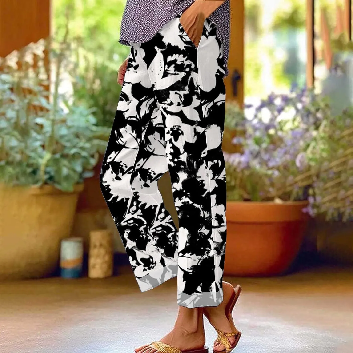 Pants for Women Casual Summer Drawstring Lightweight Elastic High Waist Linen Pants Straight Wide Leg Capris
