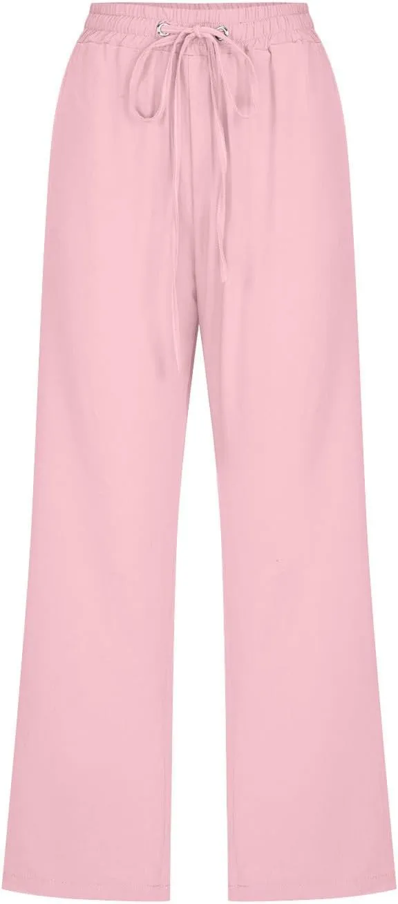 Pants for Women Dressy Casual 2024 Summer Cotton Linen Capris Drawstring Cropped Lounge Trousers Vacation Outfits