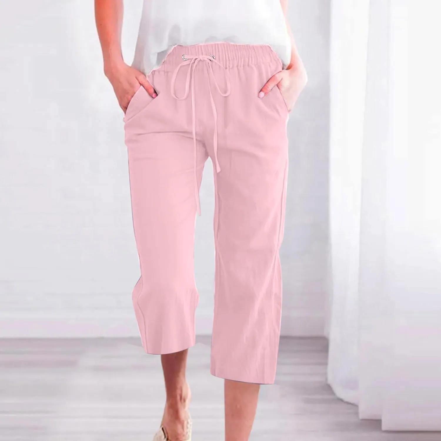 Pants for Women Dressy Casual 2024 Summer Cotton Linen Capris Drawstring Cropped Lounge Trousers Vacation Outfits