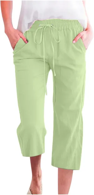 Pants for Women Dressy Casual 2024 Summer Cotton Linen Capris Drawstring Cropped Lounge Trousers Vacation Outfits