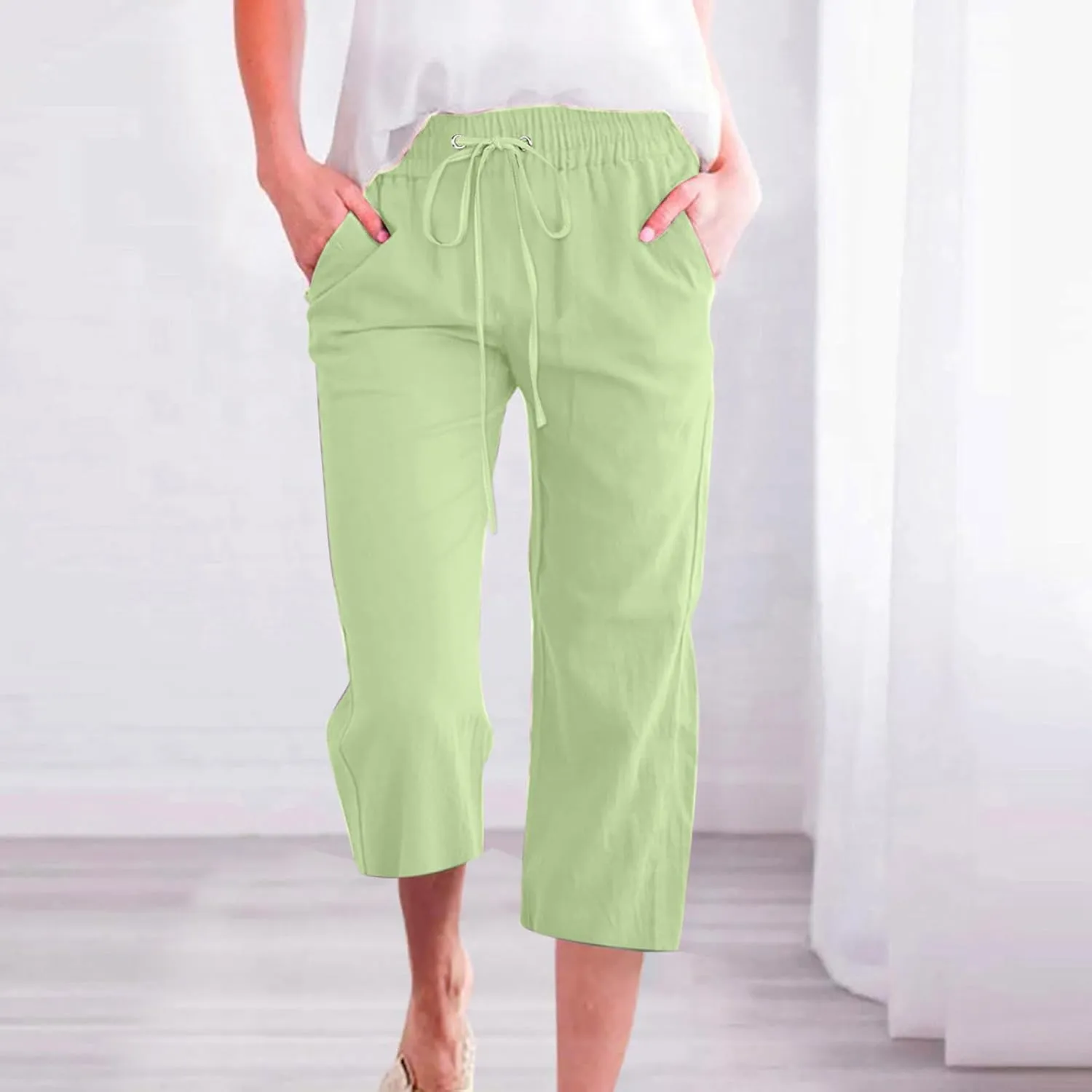 Pants for Women Dressy Casual 2024 Summer Cotton Linen Capris Drawstring Cropped Lounge Trousers Vacation Outfits