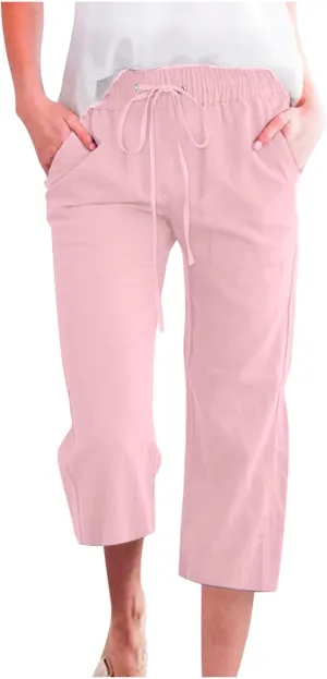 Pants for Women Dressy Casual 2024 Summer Cotton Linen Capris Drawstring Cropped Lounge Trousers Vacation Outfits