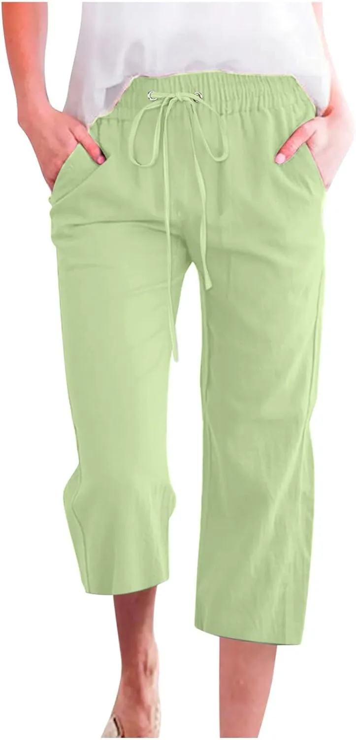 Pants for Women Dressy Casual 2024 Summer Cotton Linen Capris Drawstring Cropped Lounge Trousers Vacation Outfits