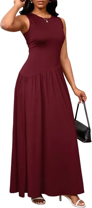 PerZeal Women's Summer Maxi Dress Crewneck Sleeveless Patchwork Knit High Waisted Ruched Tank Flowy Long Formal Dresses
