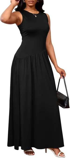 PerZeal Women's Summer Maxi Dress Crewneck Sleeveless Patchwork Knit High Waisted Ruched Tank Flowy Long Formal Dresses