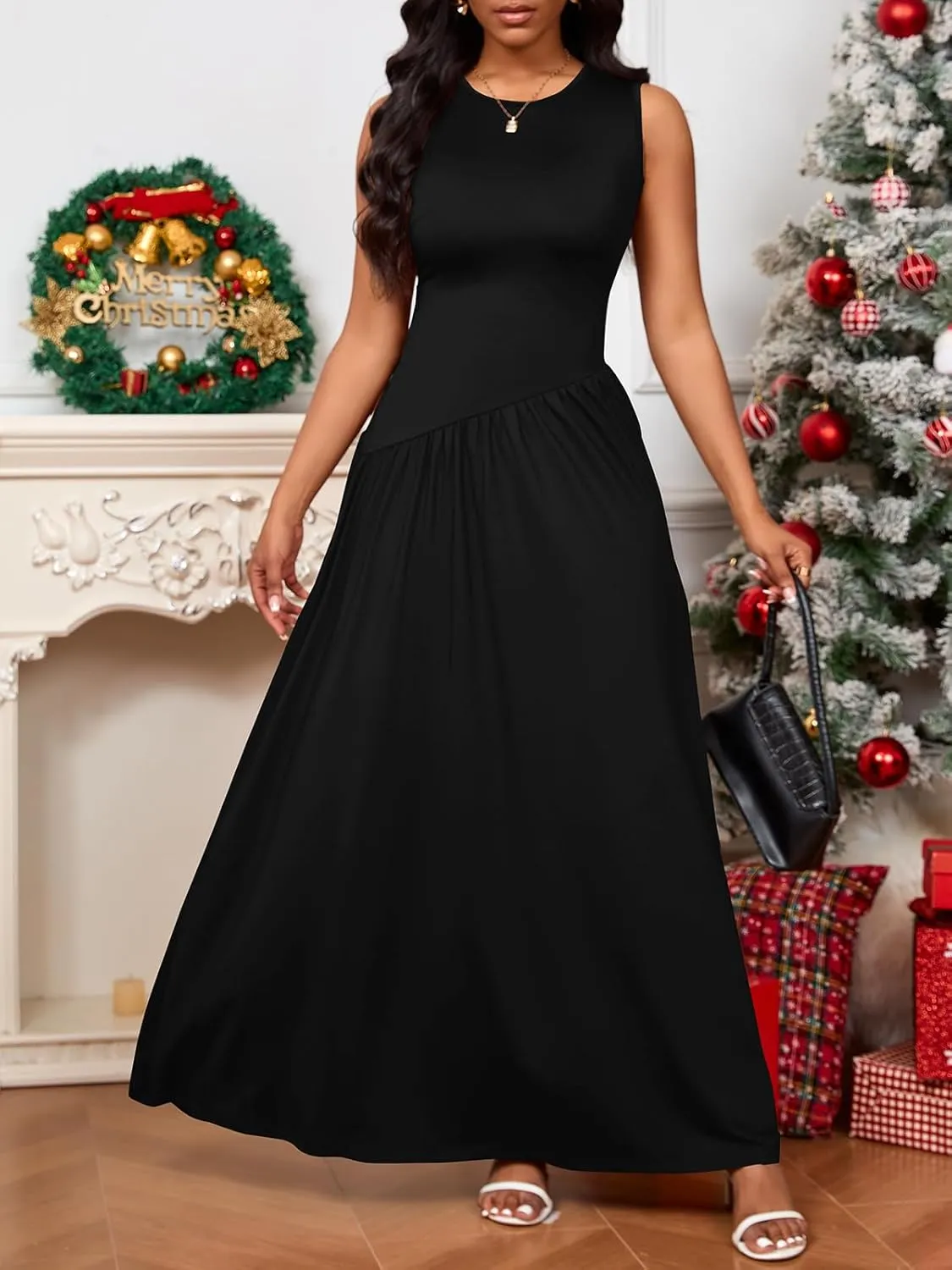 PerZeal Women's Summer Maxi Dress Crewneck Sleeveless Patchwork Knit High Waisted Ruched Tank Flowy Long Formal Dresses