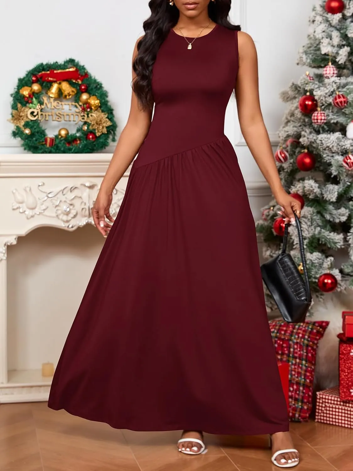 PerZeal Women's Summer Maxi Dress Crewneck Sleeveless Patchwork Knit High Waisted Ruched Tank Flowy Long Formal Dresses