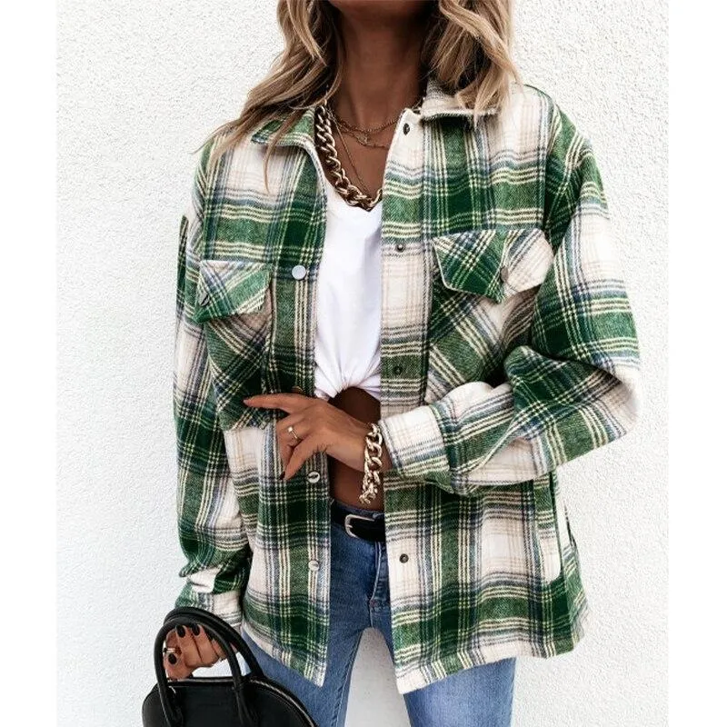 Plaid Green Shirt Women Coat Jacket Casual Oversized Streetwear
