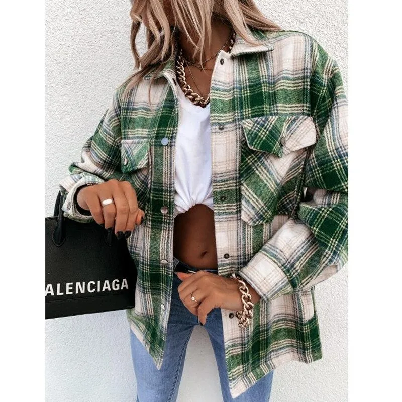 Plaid Green Shirt Women Coat Jacket Casual Oversized Streetwear