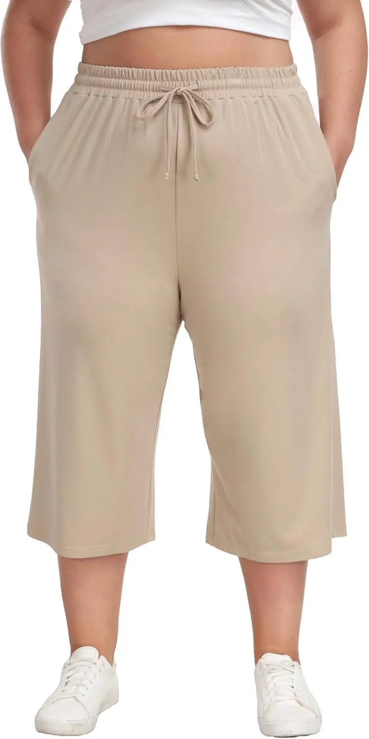 Plus Size Capris for Women Summer Wide Leg Casual Pants Loose Fit Cropped Workout Pants with Pockets Drawstring