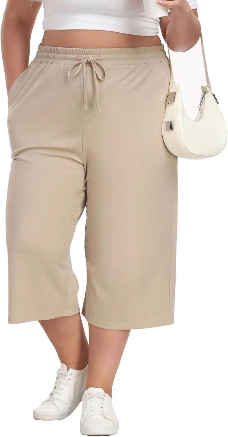 Plus Size Capris for Women Summer Wide Leg Casual Pants Loose Fit Cropped Workout Pants with Pockets Drawstring