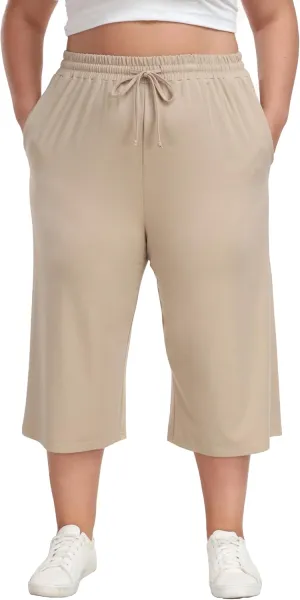 Plus Size Capris for Women Summer Wide Leg Casual Pants Loose Fit Cropped Workout Pants with Pockets Drawstring