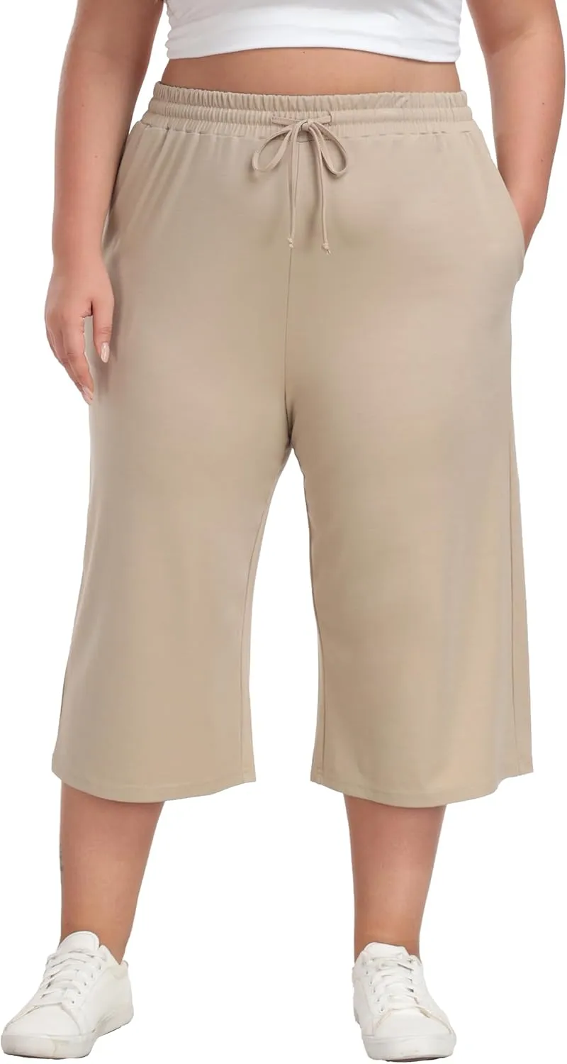 Plus Size Capris for Women Summer Wide Leg Casual Pants Loose Fit Cropped Workout Pants with Pockets Drawstring