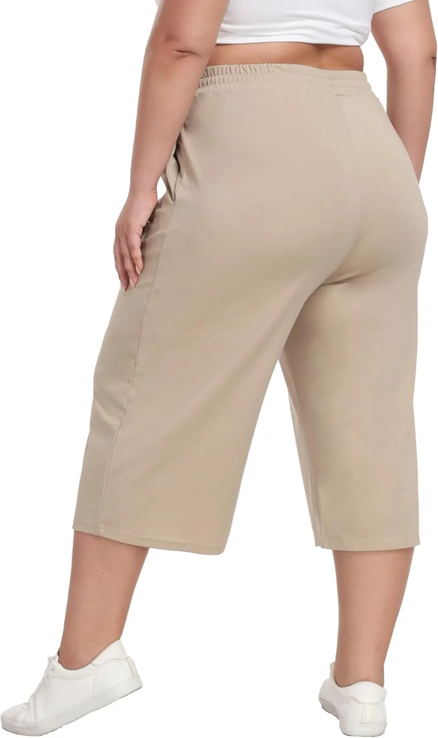 Plus Size Capris for Women Summer Wide Leg Casual Pants Loose Fit Cropped Workout Pants with Pockets Drawstring
