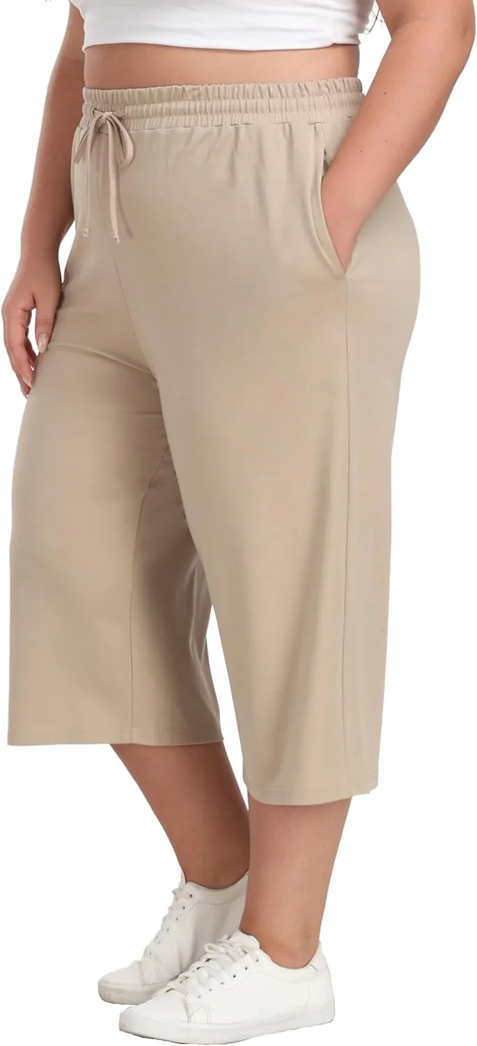 Plus Size Capris for Women Summer Wide Leg Casual Pants Loose Fit Cropped Workout Pants with Pockets Drawstring