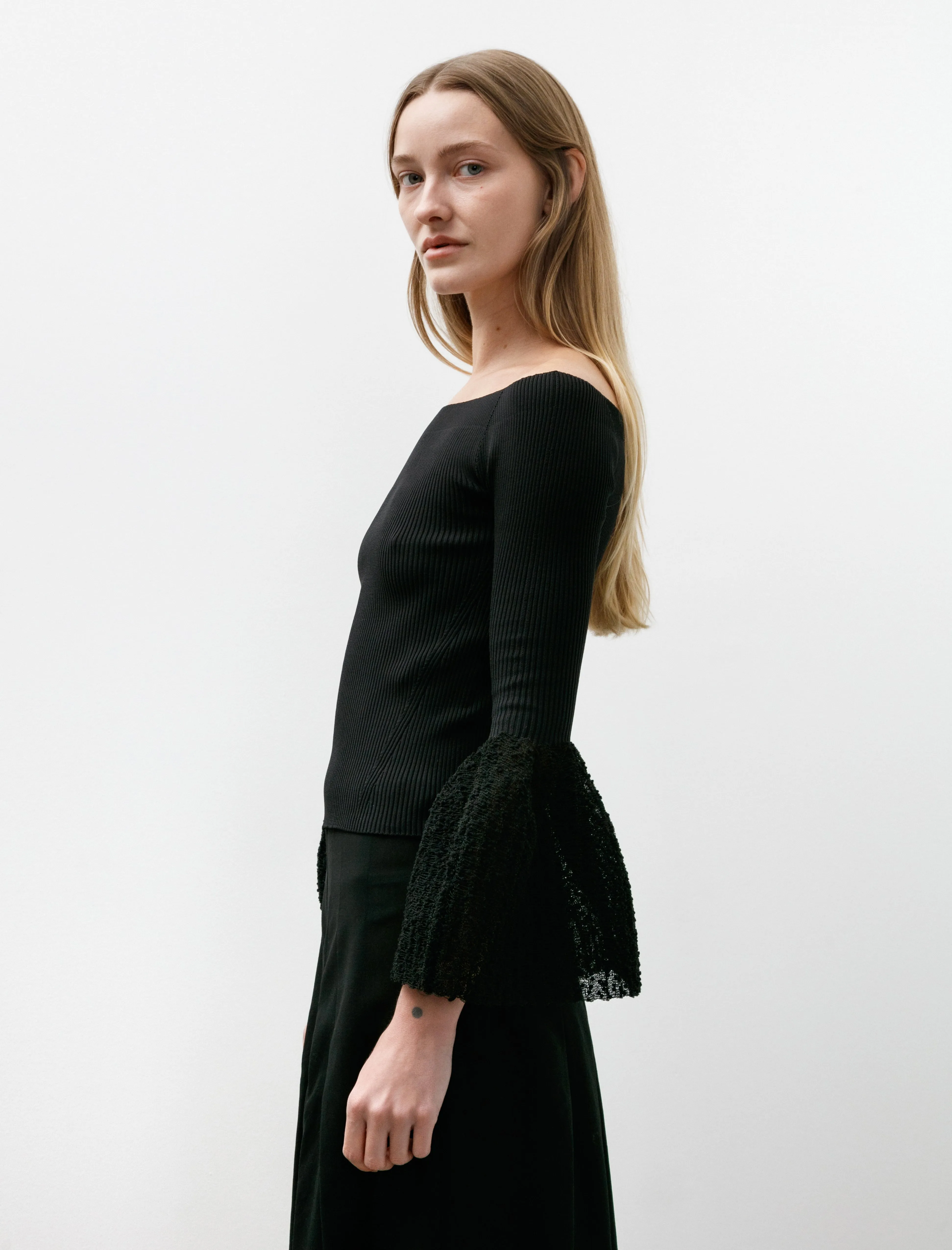 Pottery HS Ornament Off Shoulder LS Bell Top Black