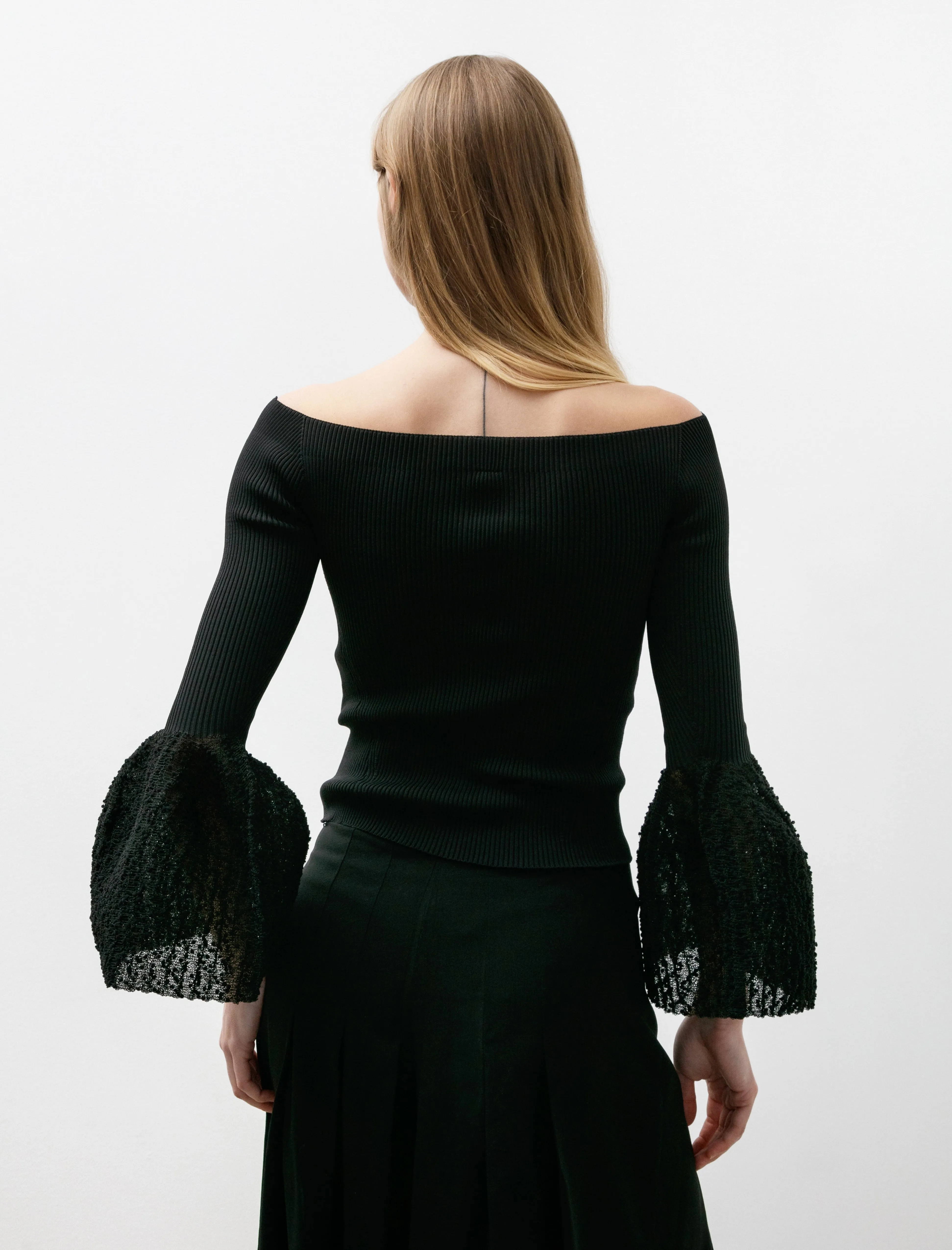 Pottery HS Ornament Off Shoulder LS Bell Top Black
