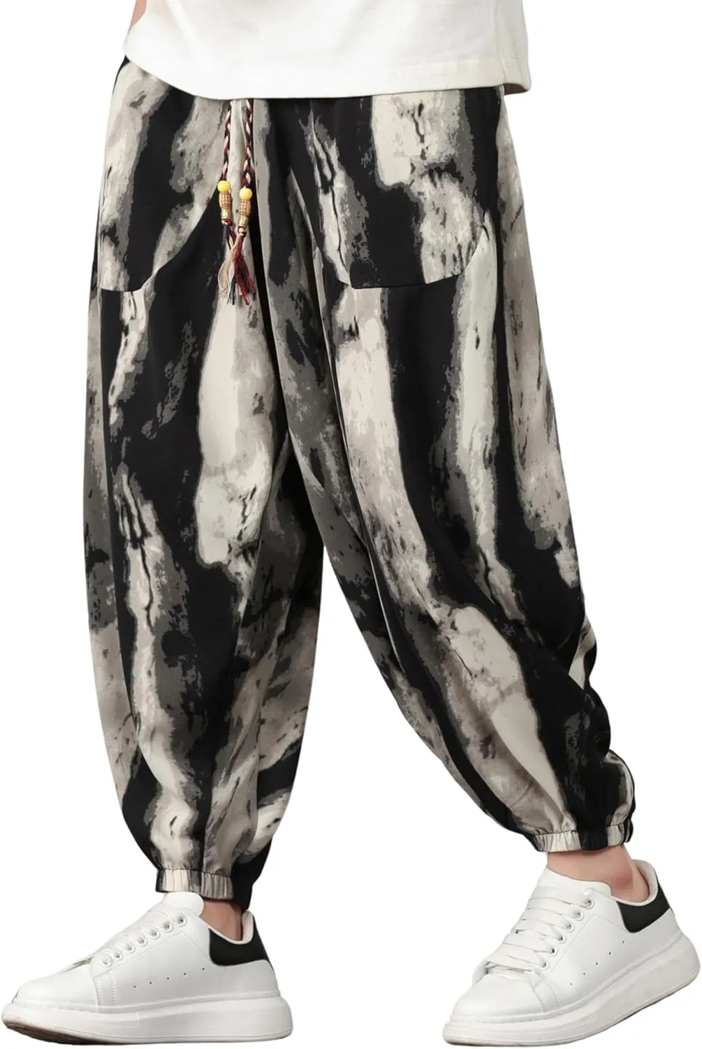 PRIJOUHE Harem Pants for Men Casual Drawstring Yoga Pants Boho Loose Fit Tapered Cropped Trousers with Pockets