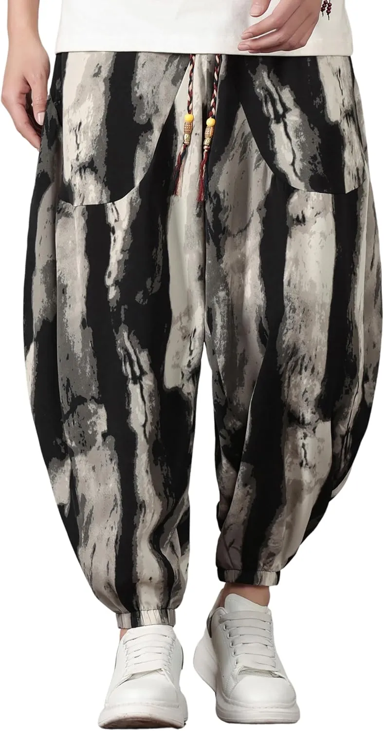 PRIJOUHE Harem Pants for Men Casual Drawstring Yoga Pants Boho Loose Fit Tapered Cropped Trousers with Pockets