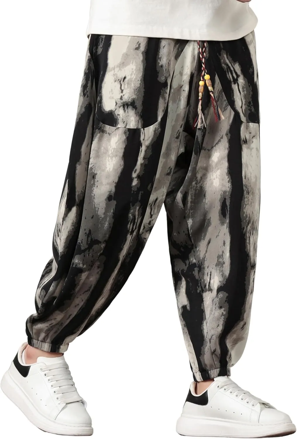PRIJOUHE Harem Pants for Men Casual Drawstring Yoga Pants Boho Loose Fit Tapered Cropped Trousers with Pockets