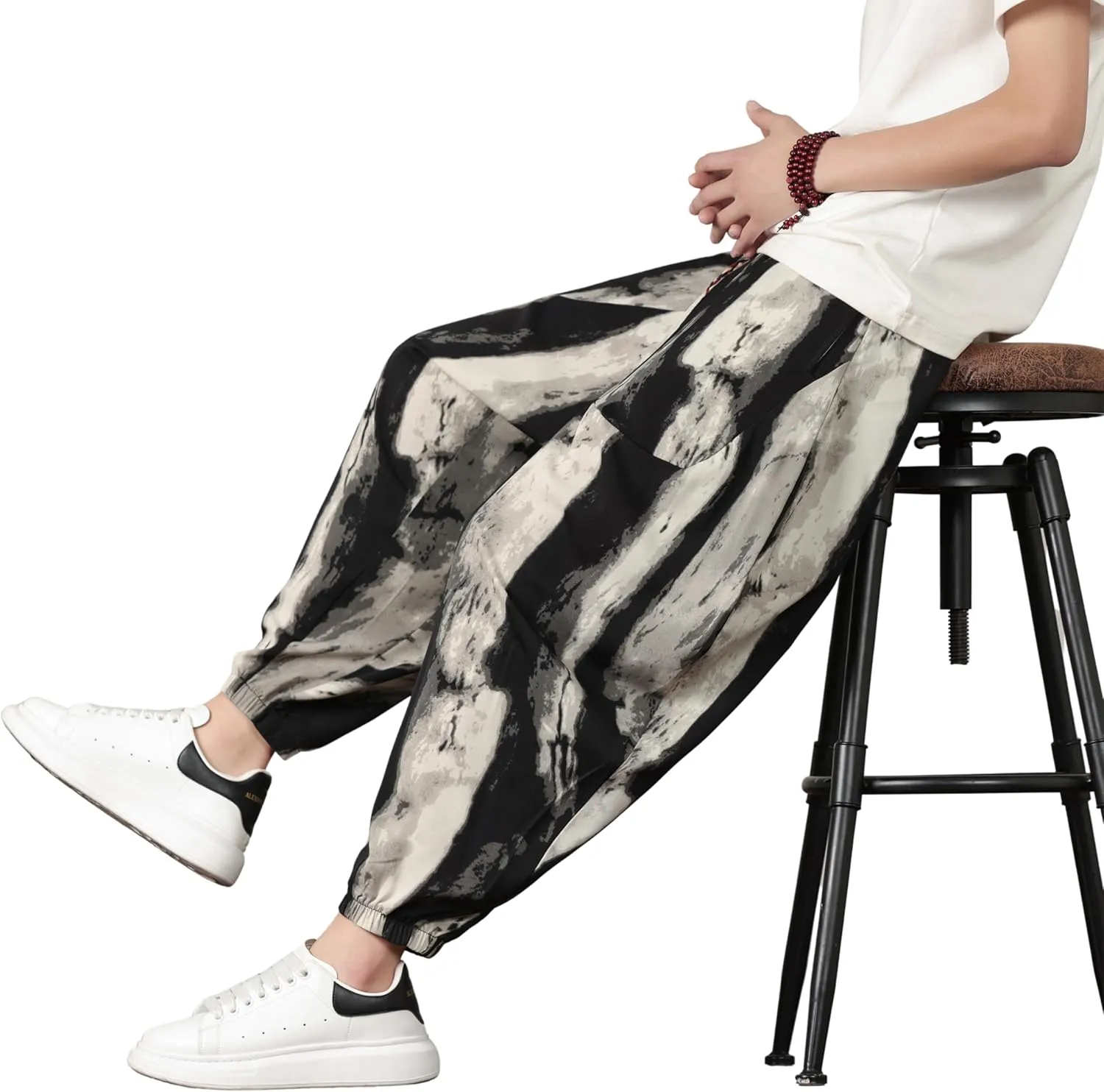 PRIJOUHE Harem Pants for Men Casual Drawstring Yoga Pants Boho Loose Fit Tapered Cropped Trousers with Pockets