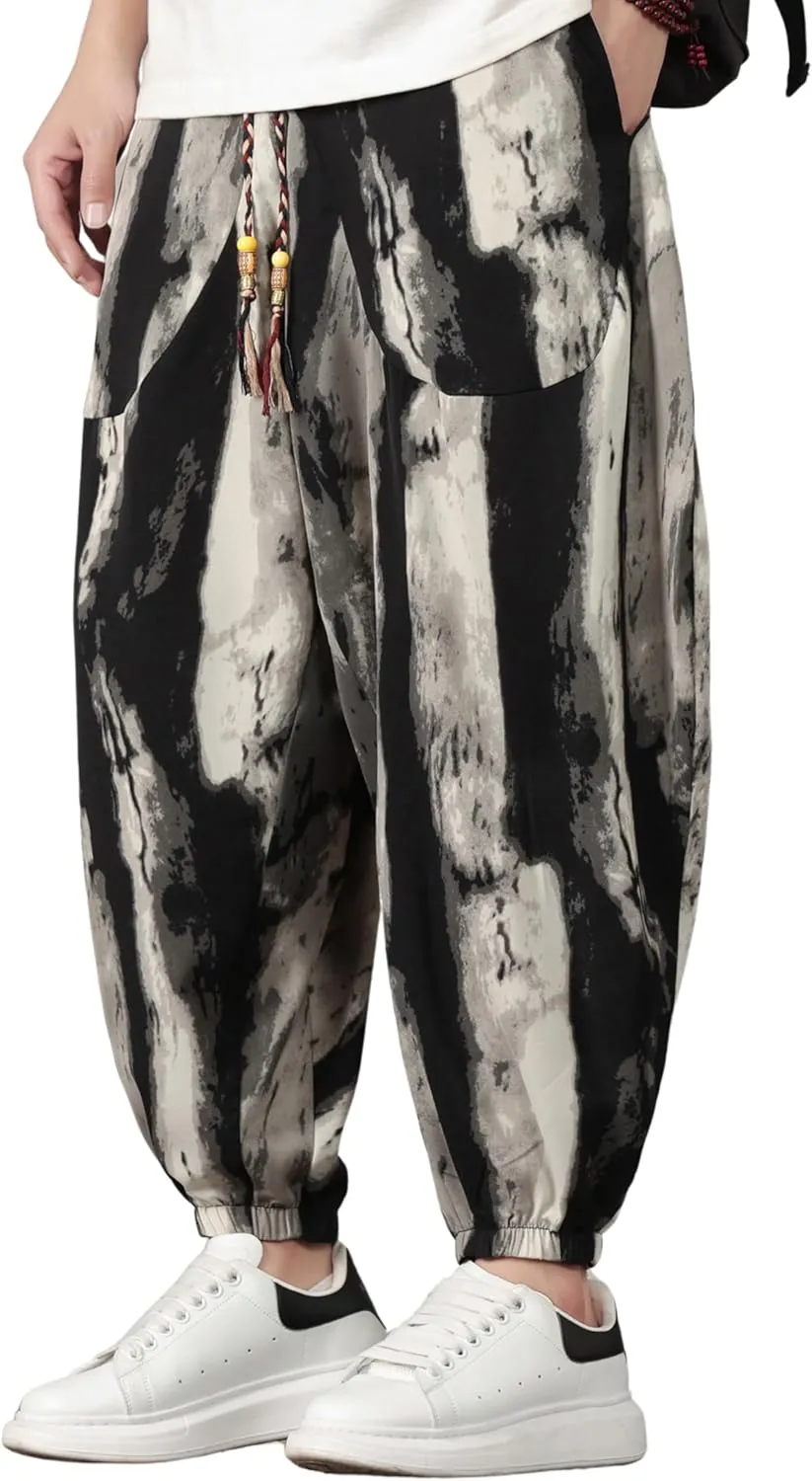 PRIJOUHE Harem Pants for Men Casual Drawstring Yoga Pants Boho Loose Fit Tapered Cropped Trousers with Pockets